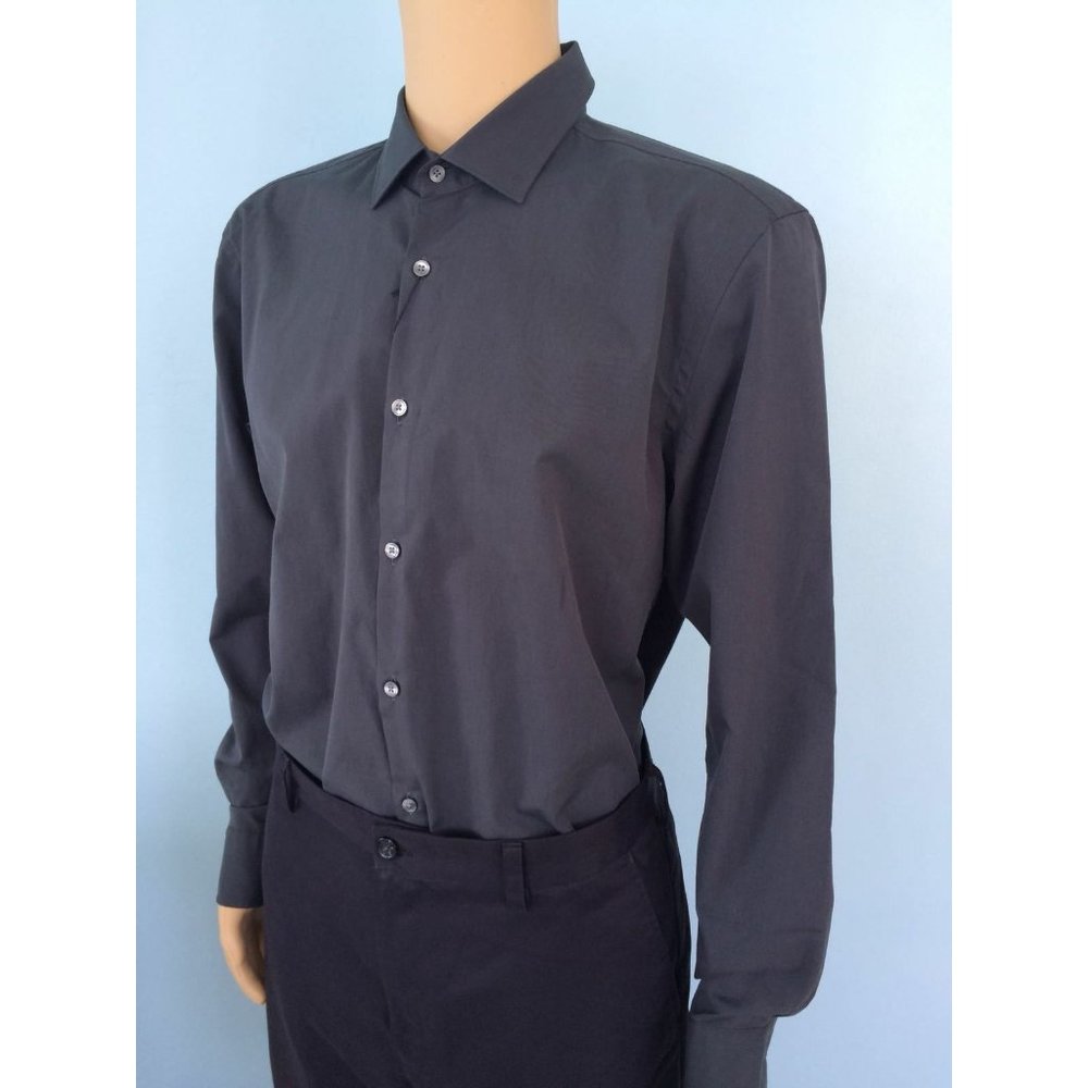 NWT Hugo Boss Mens Shirt Charcoal Gray Cotton Button Slim Fit Classic 43 17 - Picture 5 of 12
